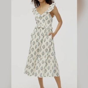 J.crew V Neck White Floral Print Ruffle Smocked Crisp cotton Midi Dress Sz 10